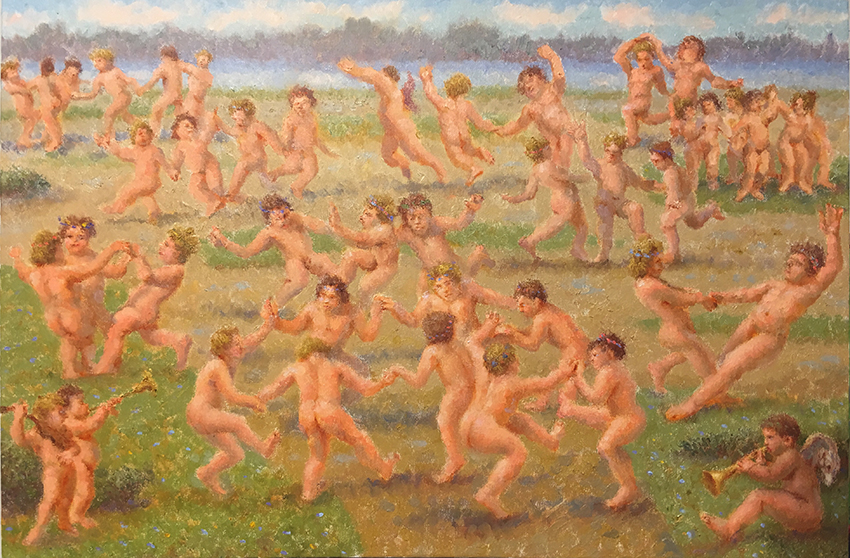 Putti Dance, 2017. Fingerpainting. Oil on Linen, 20 x 30 in. John A. Parks